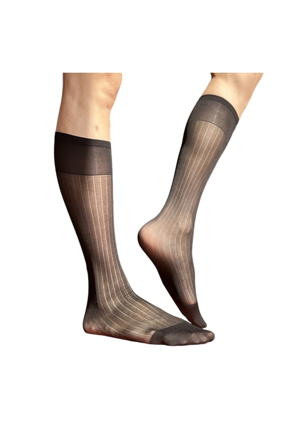 Mens Thin Sheer Formal Dress Suit Socks Casual Business Socks Nylon Breathable Over the Calf Wide Stripe Stockings