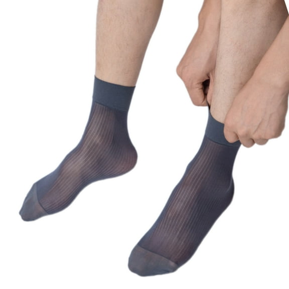 Mens Thin Sheer Silk Formal Dress Suit Socks Casual Business Socks Nylon Breathable Striped Short Tube Ankle Socks