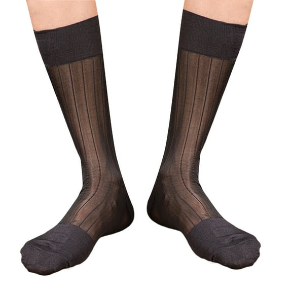 Mens Thin Silk Formal Dress Suit Socks Clear Sheer Middle Calf Socks Male Business Dress Ribs Striped See Through Socks