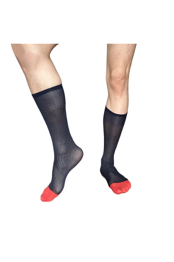 Mens Thin Silk Formal Dress Suit Socks Clear Sheer Over the Calf Tube Socks Male Business Dress Striped Long Socks