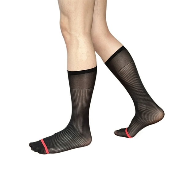 Mens Thin Silk Formal Dress Suit Socks Clear Sheer Over the Calf Tube Socks Male Business Dress Striped Long Socks