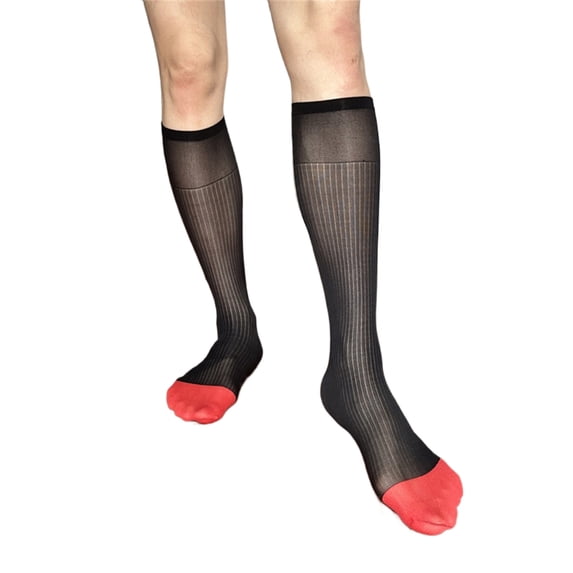 Mens Thin Silk Formal Dress Suit Socks Clear Sheer Over the Calf Tube Socks Male Business Dress Striped Long Socks