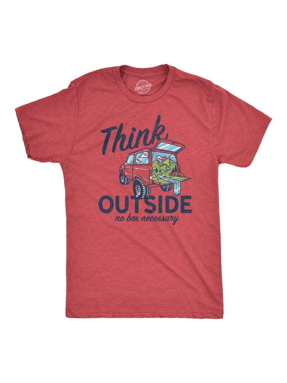 Mens Think Outside No Box Necessary Funny Camping Vintage Car Trunk T shirt Graphic Tees