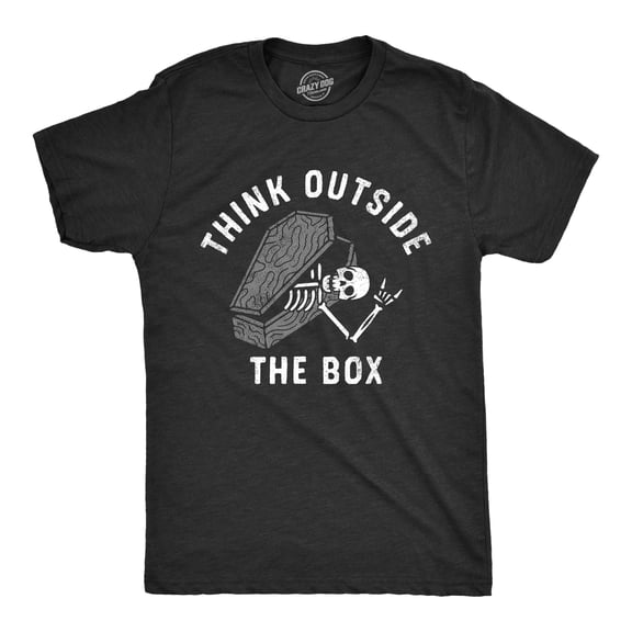 Mens Think Outside The Box T Shirt Funny Halloween Grave Coffin Joke Tee for Guys Graphic Tees