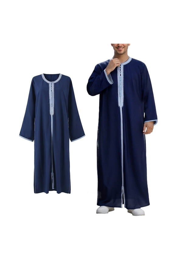 Mens Thobe Muslim Long Sleeve Embroidered Kaftan Thobe Blue Thobe Men Eid Clothes Prayer Clothes