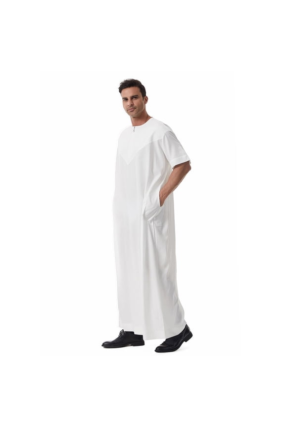 Mens Thobe Wrinkle Free Muslim Robe Islamic Prayer Kaftan Jubba, Short Sleeve Zipper Front Ankle Length Abaya Gown Loose Fit Dressy Clothes with Side Pockets for Eid, Jumma, Umrah