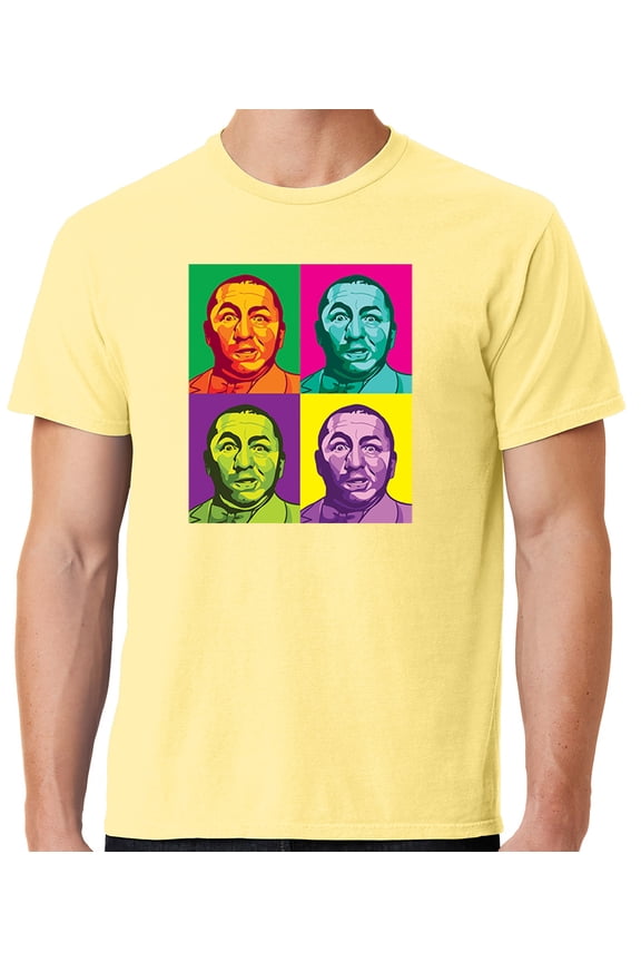 Mens Three 3 Stooges Curly Squared Cotton Tee Shirt, Large Popcorn Yellow