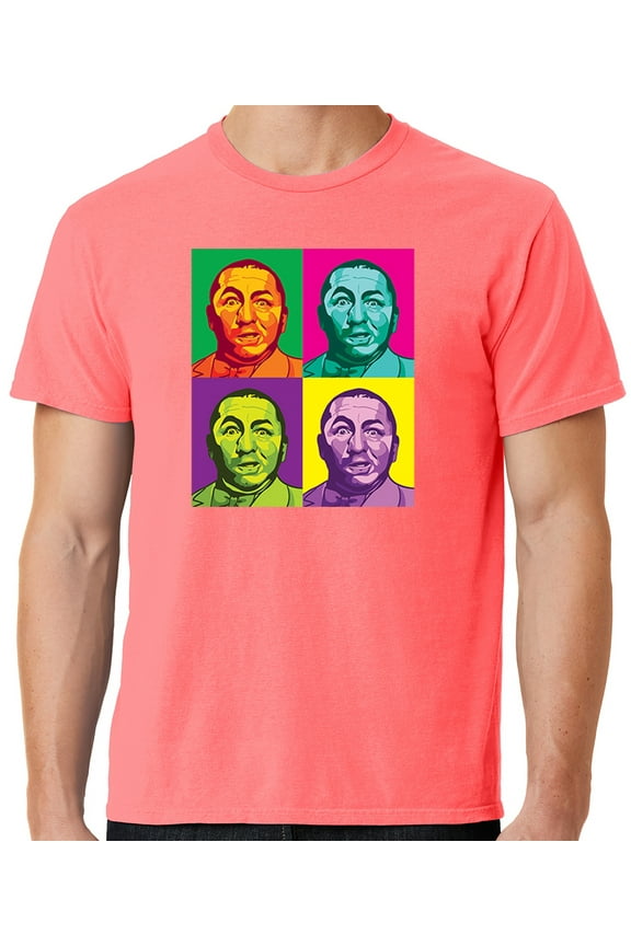 Mens Three 3 Stooges Curly Squared Cotton Tee Shirt, Medium Neon Coral