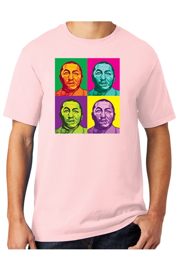 Mens Three 3 Stooges Curly Squared Cotton Tee Shirt, Small Cherry Blossom Pink
