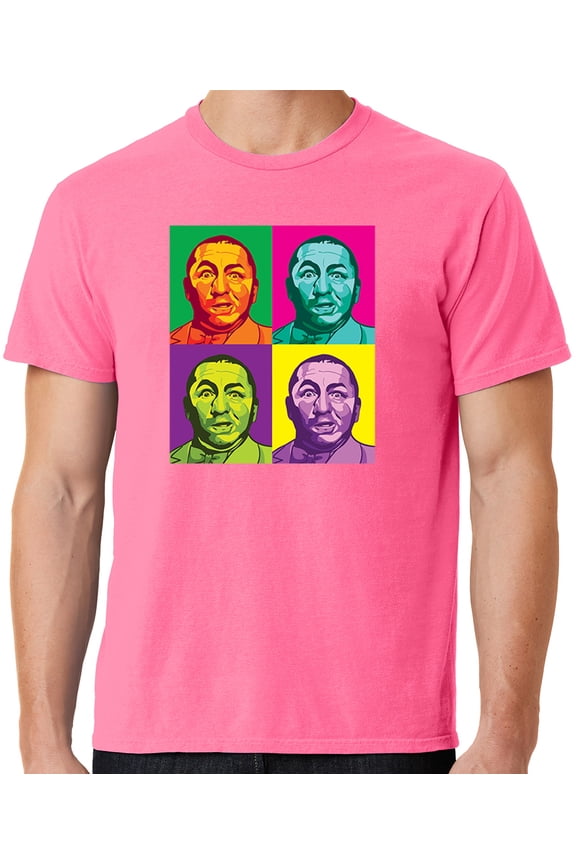 Mens Three 3 Stooges Curly Squared Cotton Tee Shirt, Small Neon Pink