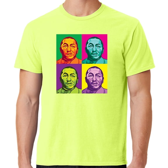 Mens Three 3 Stooges Curly Squared Cotton Tee Shirt, Small Neon Yellow