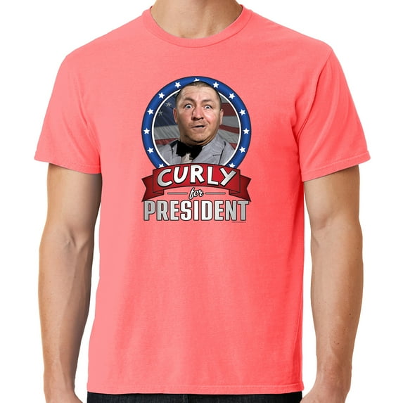 Mens Three 3 Stooges Curly for President Cotton Tee Shirt, 2XL Neon Coral