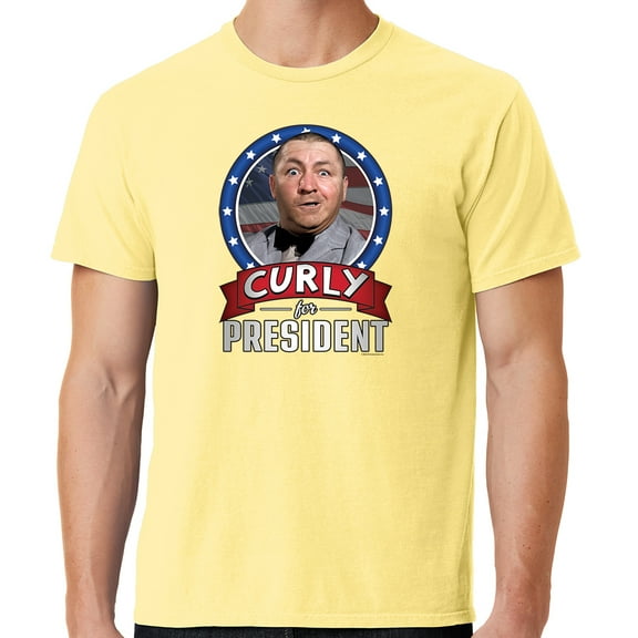 Mens Three 3 Stooges Curly for President Cotton Tee Shirt, Large Popcorn Yellow