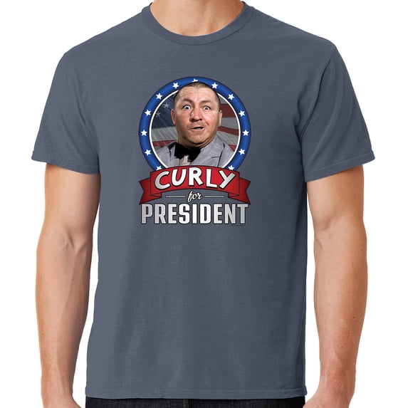 Mens Three 3 Stooges Curly for President Cotton Tee Shirt, Medium Denim Blue