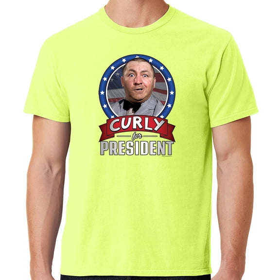 Mens Three 3 Stooges Curly for President Cotton Tee Shirt, Medium Neon Yellow