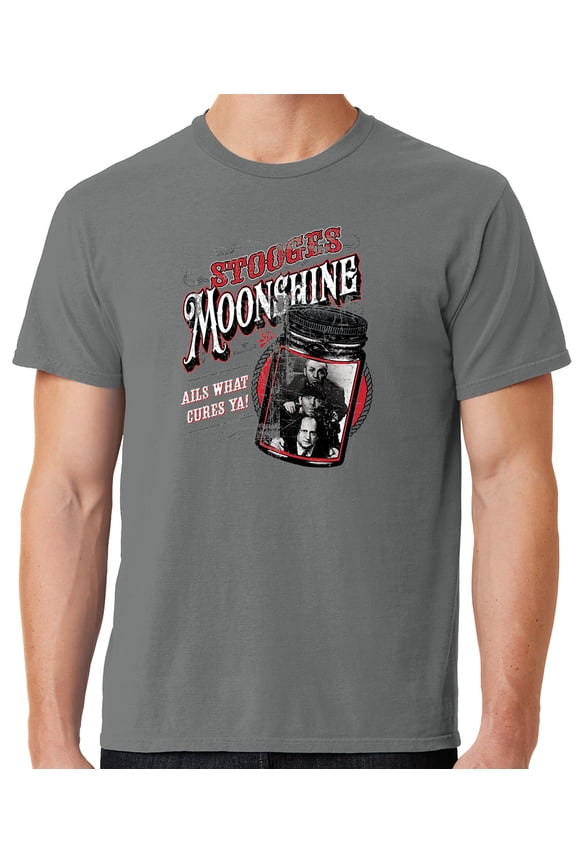 Mens Three 3 Stooges Moonshine Tee Shirt, Large Pewter Grey