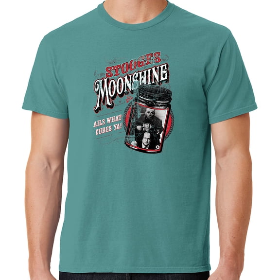 Mens Three 3 Stooges Moonshine Tee Shirt, Medium Peacock Green
