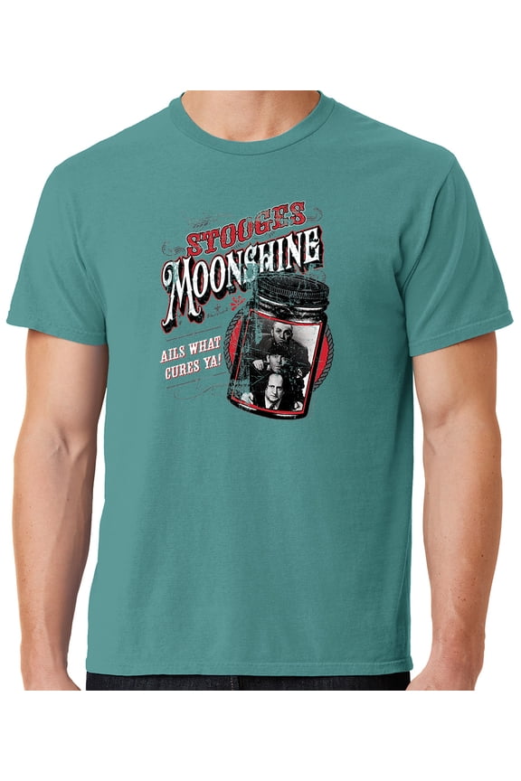 Mens Three 3 Stooges Moonshine Tee Shirt, Small Peacock Green
