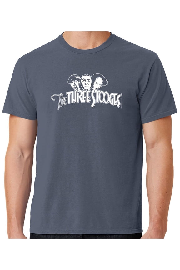 Mens Three 3 Stooges White Logo Tee Shirt, Large Denim Blue