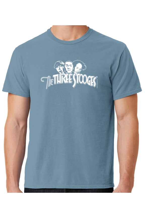 Mens Three 3 Stooges White Logo Tee Shirt, Medium Mist Blue