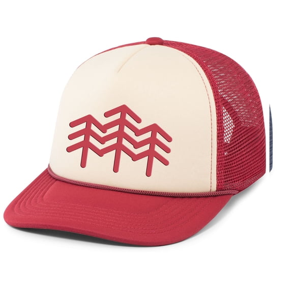 Mens Three Pine Trees Outdoors Rope Hat Embroidered Foam Front Mesh Back Trucker Hat, Khaki/Dark Red/Dark Red
