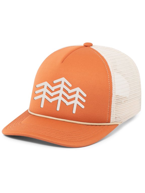 Mens Three Pine Trees Outdoors Rope Hat Embroidered Foam Front Mesh Back Trucker Hat, Rust/Khaki/Rust