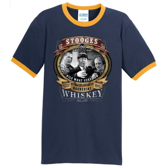 Mens Three Stooges Moonshine Whiskey 100% Cotton Ringer Tee Shirt, Medium Navy/Gold