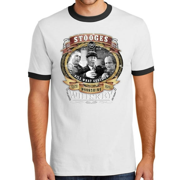 Mens Three Stooges Moonshine Whiskey 100% Cotton Ringer Tee Shirt, Medium White/Black