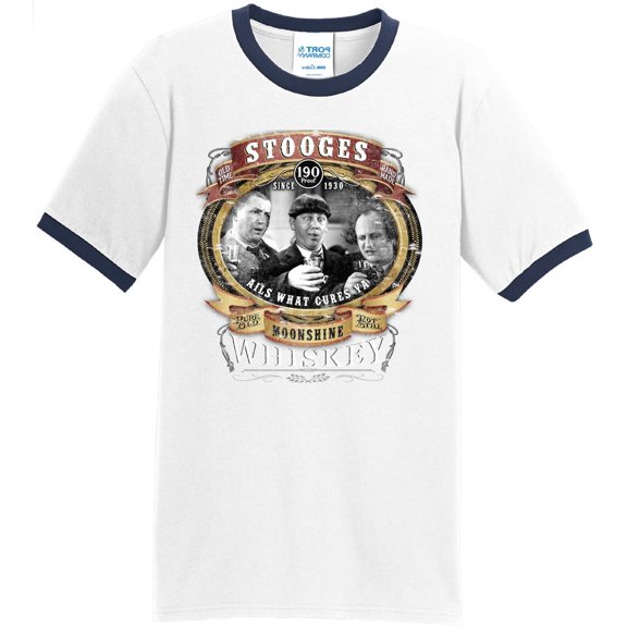 Mens Three Stooges Moonshine Whiskey 100% Cotton Ringer Tee Shirt, Small White/Navy