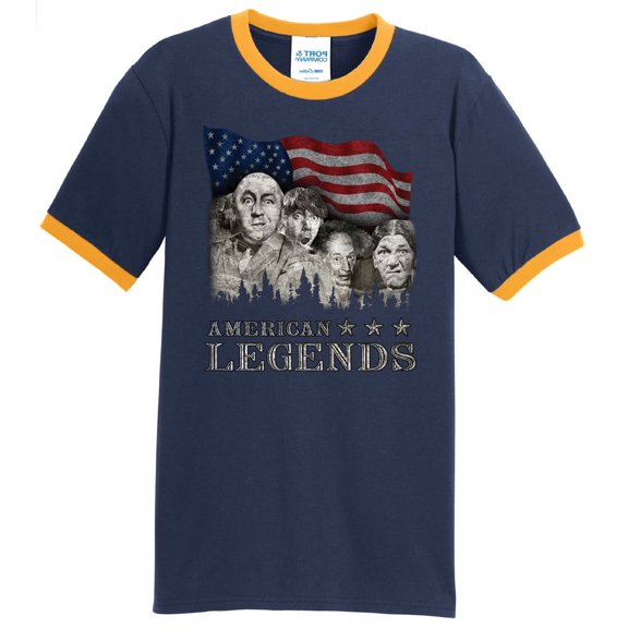 Mens Three Stooges Rushmorons 100% Cotton Ringer Tee Shirt, XL Navy/Gold