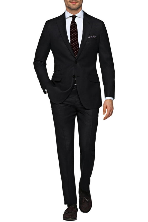 Mens Ticket Pocket 2-piece Black Cotton Modern Fit Suit