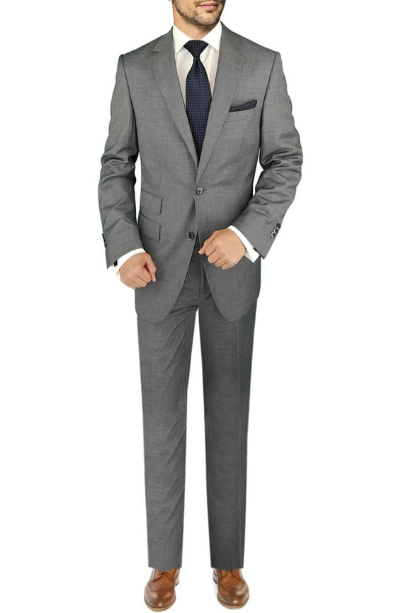 Mens Ticket Pocket 2-piece Grey Wool Classic Fit Suit DTI