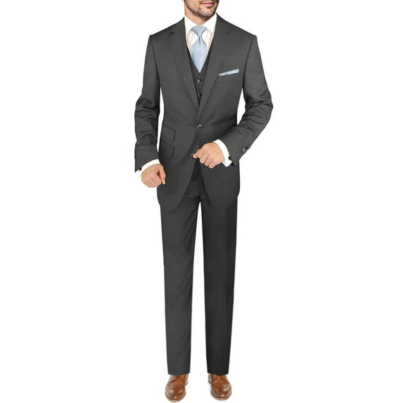 Mens Ticket Pocket 3-piece Charcoal Wool Trim Fit Vested