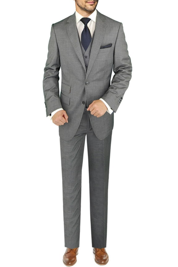 Mens Ticket Pocket 3-piece Gray Wool Trim Fit Vested Suit