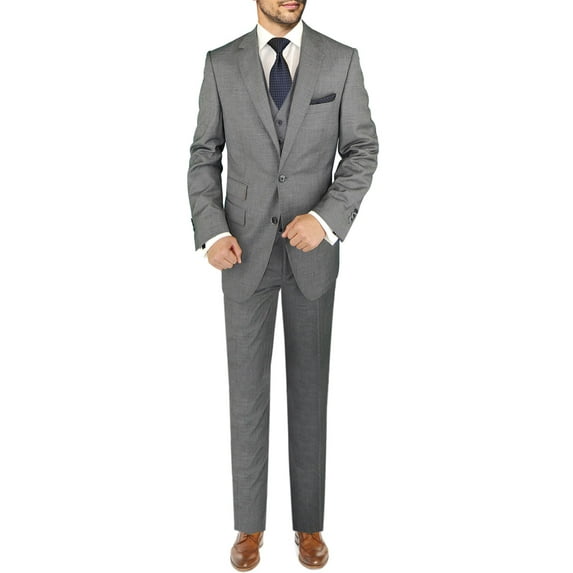 Mens Ticket Pocket 3-piece Gray Wool Trim Fit Vested Suit