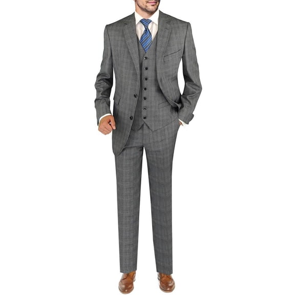 Mens Ticket Pocket 4-piece Gray Windowpane Wool Modern Fit