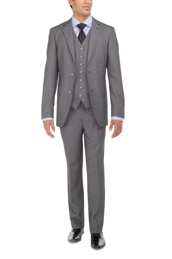 Mens Ticket Pocket Three Piece Gray Modern Fit Vested Suit