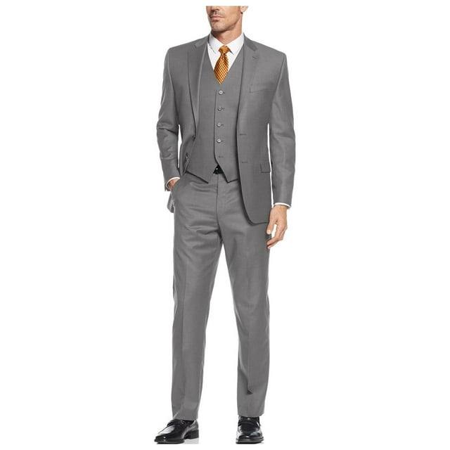 Mens Ticket Pocket Three Piece Gray Modern Fit Vested Suit