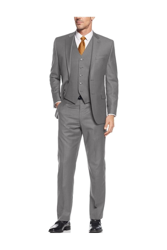 Mens Ticket Pocket Three Piece Gray Modern Fit Vested Suit