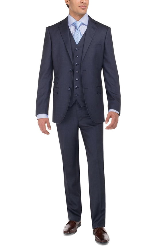 Mens Ticket Pocket Three Piece Navy Modern Fit Vested Suit