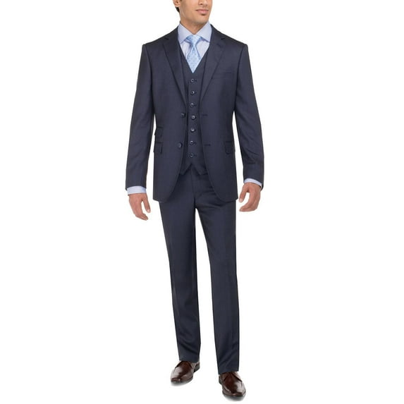 Mens Ticket Pocket Three Piece Navy Modern Fit Vested Suit