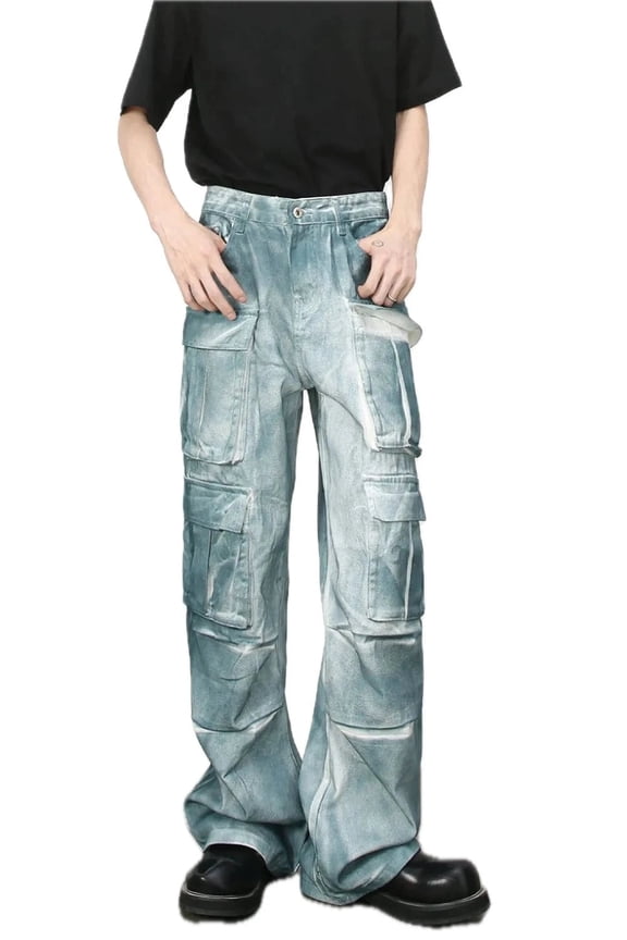 Mens Tie Dye Cargo Jeans Durable Casual Pants with Pockets Trendy Fashionable Relaxed Fit Versatile Everyday Wear