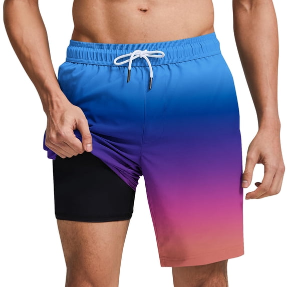 Mens Tie Dye Swim Trunks Quick Dry Beach Swim Shorts with Compression Liner Elastic Waist Lightweight Loose Drawstring Shorts