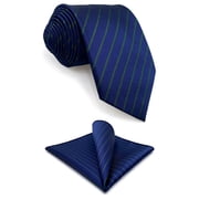Mens Tie Navy Royal Blue Green Stripes Necktie and Pocket Square Formal Classic Size 57.5 3.15