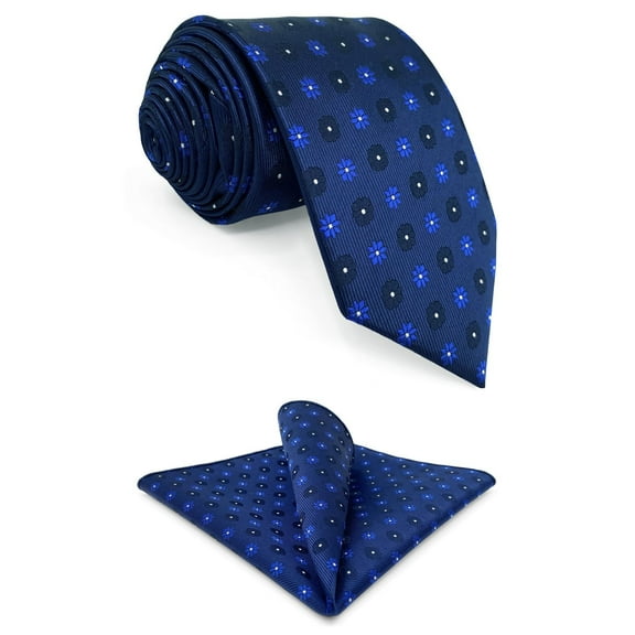 Mens Tie and Pocket Square Set Floral Dark Blue Navy Necktie Handkerchief Combo 57.5"