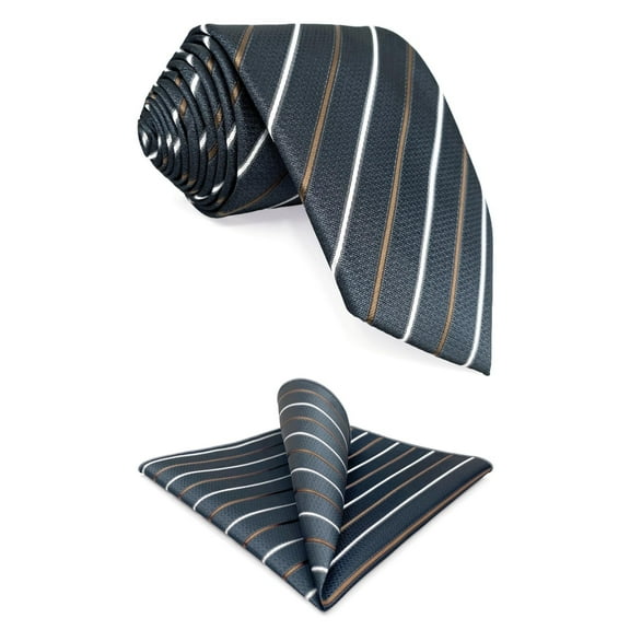 Mens Tie and Pocket Square Set Stripes Gray Striped Necktie Hanky Combo 57.5"