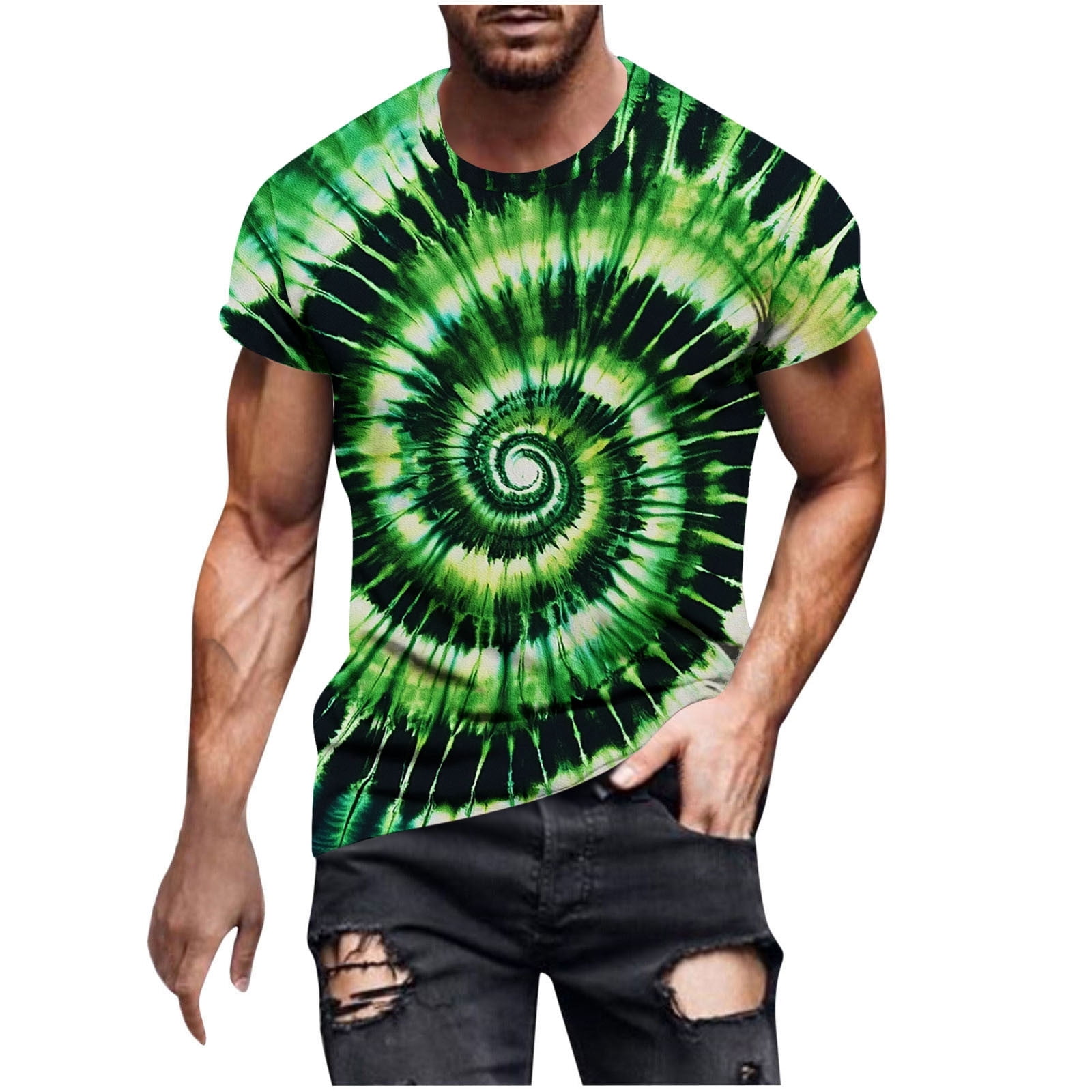 JSKUMAR Men's Tie Dye Shirt Hip Hop Short Sleeve Crew Neck Hippies