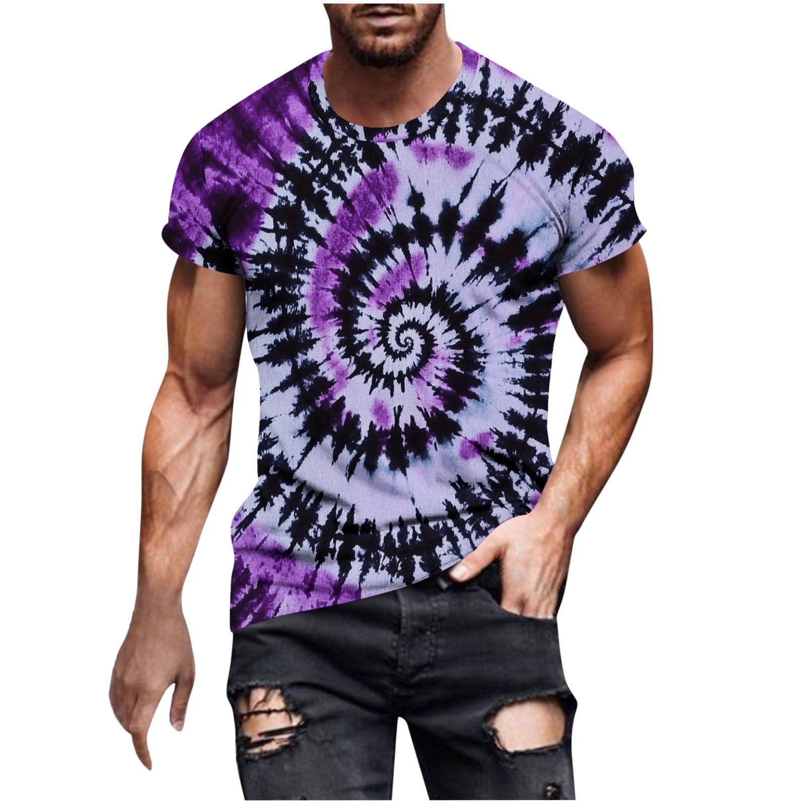 Mens Tie-dye T Shirt Short Sleeve Crew Neck Fitted Colorful Tees S