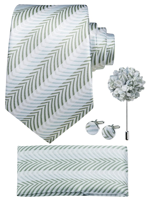 Mens Sage Green Ties and Lapel Pin Necktie Pocket Square Cufflinks Sets Wedding Party 4PCS