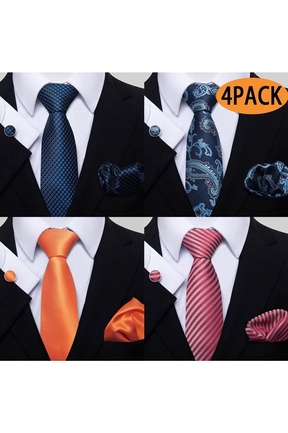 Mens Ties Necktie Set Formal with Pocket Squares and Cufflinks Ties for Men Set of 4